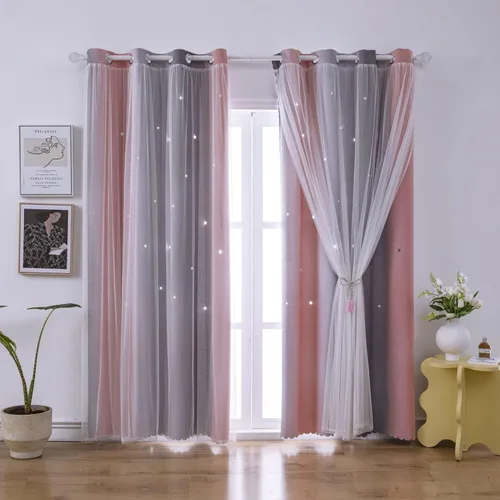 Vista 7 de Cortinas Opacas de Arcoíris Ombré para Dormitorio de Niñas, Sala de Estar, Rayas Oscurecedoras de Doble Capa con Cortes de Estrellas, Decoración
