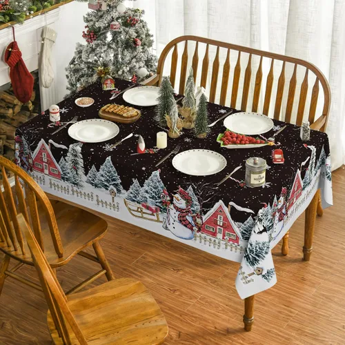 Vista 2 de Horaldaily Mantel de Navidad rectangular de 52 x 70 pulgadas, casa de muñeco de nieve de invierno, árboles de Navidad, color negro, lavable