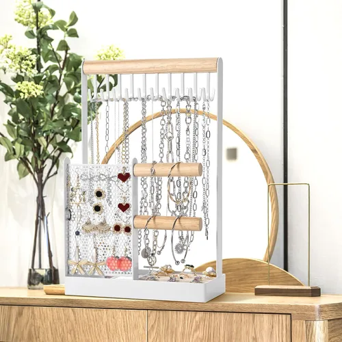 Vista 2 de Soporte organizador de joyas, soporte para collares, soporte para joyas 4 en 1 con organizador de aretes y bandeja de anillos extraíble, soporte