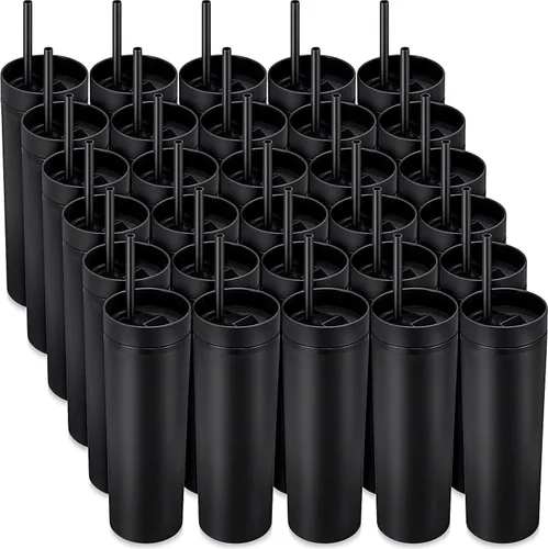 Vista 10 de Potchen 2 vasos delgados con tapa y pajilla, vaso de acrílico mate de 16 onzas, aislado de doble pared de plástico, vasos reutilizables de vinilo