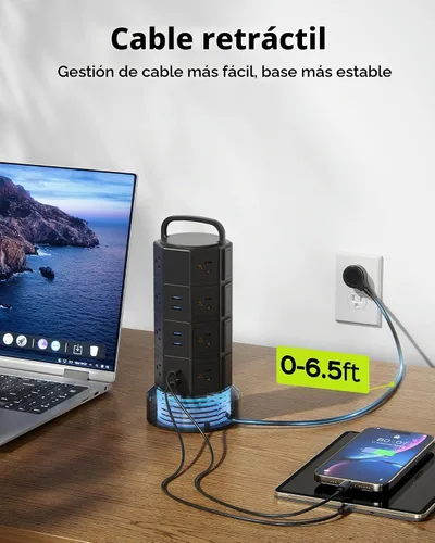 Vista 3 de Regleta de alimentación con protector de sobretensión de torre, JACKYLED 16 tomas 6 USB (2 USB C) estación de carga, cable de extensión con Negro