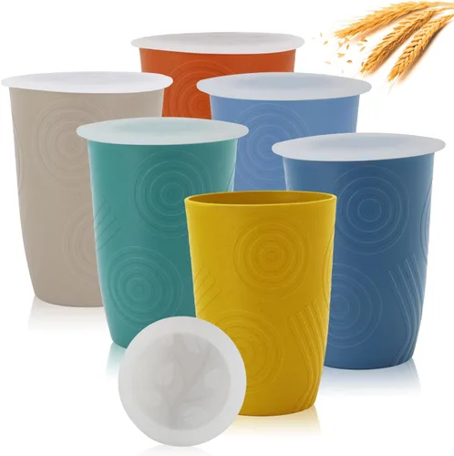 Vista 10 de PYRMONT Juego de 6 tazas de paja de trigo, tazas de café de plástico reutilizables, tazas de té con asas, juego de tazas de 16 onzas para café