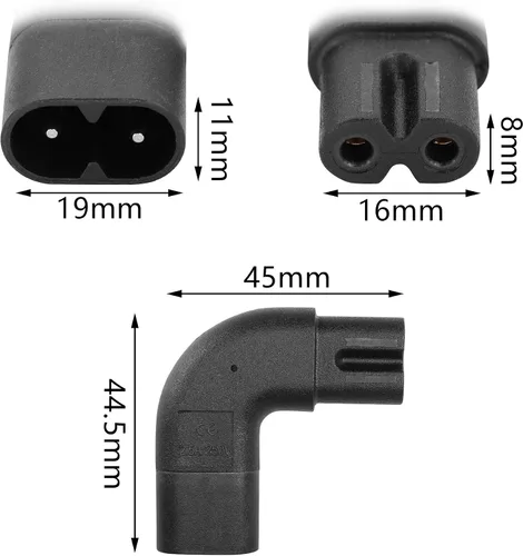 Vista 4 de Adaptador de ángulo recto IEC 320 C7 a C8, adaptador de corriente alterna de curva lateral de 90 grados, convertidor de 250 V 2.5 A figura 8 macho a