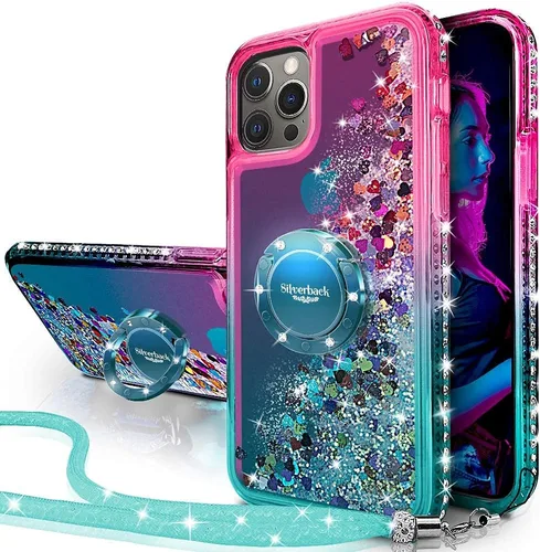 Vista 8 de Silverback - Funda para iPhone 13 Pro con soporte de anillo, color dorado transparente Moving Liquid Holographic Sparkle Glitter, Kickstand, Bling