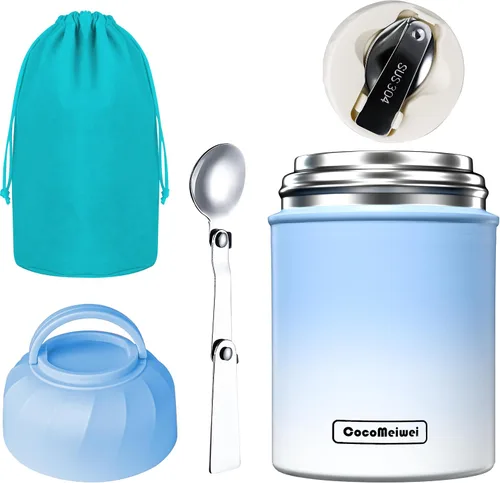 Vista 7 de Termo para alimentos y bebidas calientes, lonchera térmica, contenedor de alimentos aislado al vacío de 17 onzas con cuchara y bolsa con cordón