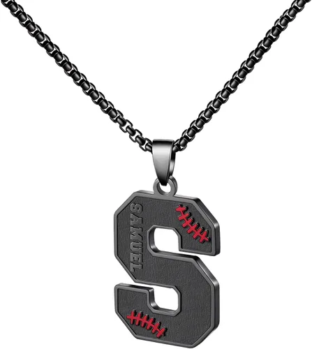 Vista 23 de Ldurian Collar personalizado con nombre de béisbol, cadena negra de acero inoxidable, collar con nombre deportivo, letra A-Z de 24 pulgadas, regalos
