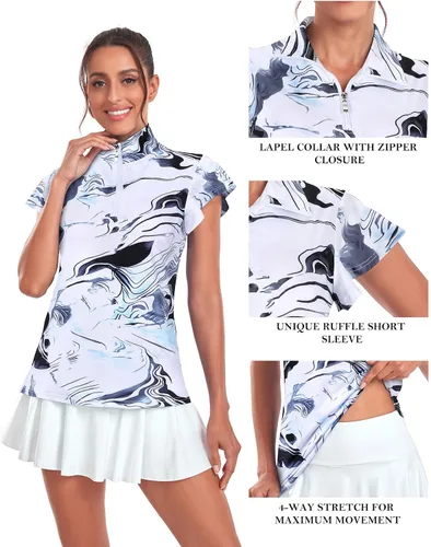 Vista 4 de Tanst Sky Polo de golf para mujer, con cremallera de 14, volantes, manga corta, secado rápido, para entrenamiento