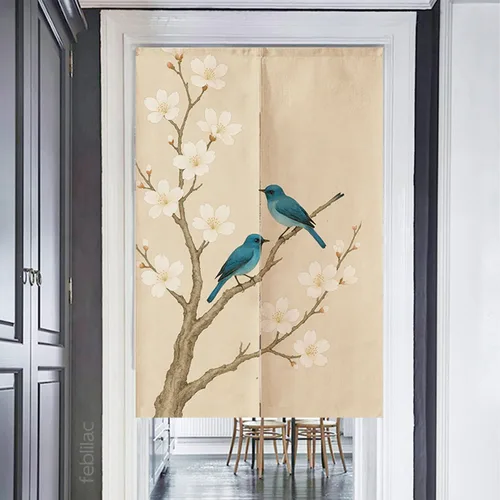 Vista 2 de Cortina de puerta japonesa con diseño de pájaros y flores, estilo asiático, 33.5 x 55 pulgadas, tapiz para cocina, bistró, sombreado, decoración