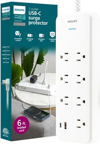 Vista 7 de Philips Protector de sobretensiones de 4 tomas, cable trenzado de 4 pies, 1 USB-C, 1 USB-A, cable de extensión, tira de alimentación, para el hogar