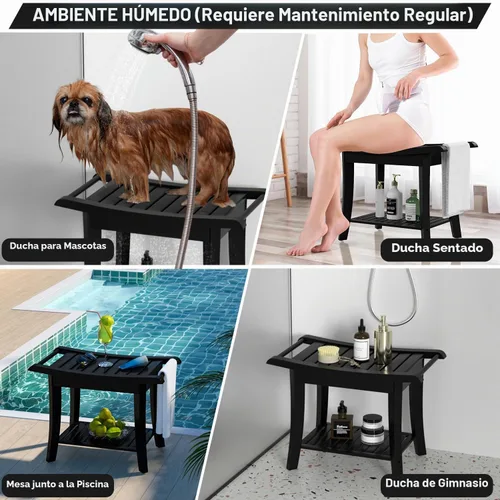 Vista 5 de Taburete Banco de Ducha de Bambú Impermeable con Estante de Almacenamiento para Afeitarse las Piernas o Asiento de Baño de Spa en el Baño y Dentro