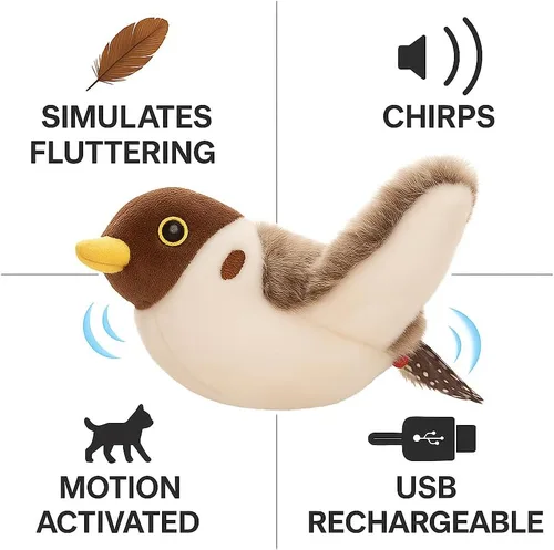 Vista 7 de Juguete de Pájaro Volador para Gato (No es un Juguete Volador) – Juguete de Pájaro con Alas Aleteantes y Sonido de Chipido, Juguete Activado por