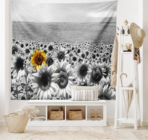Vista 2 de Lunarable Tapiz moderno, campo de girasol, blanco y negro, una sola flor amarilla, paisaje, individualidad, decoración de tela para colgar