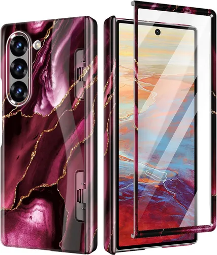 Vista 9 de Btscase Funda para Samsung Galaxy Z Fold 5, protector de pantalla frontal integrado, patrón de mármol dorado con purpurina de policarbonato duro