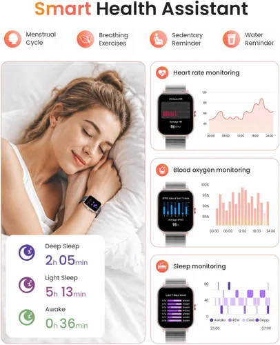 Vista 4 de Reloj inteligente para mujer, reloj inteligente Betatree de 1.85 pulgadas HD Full Touch iPhone Android (respuesta/hacer llamadas), rastreador