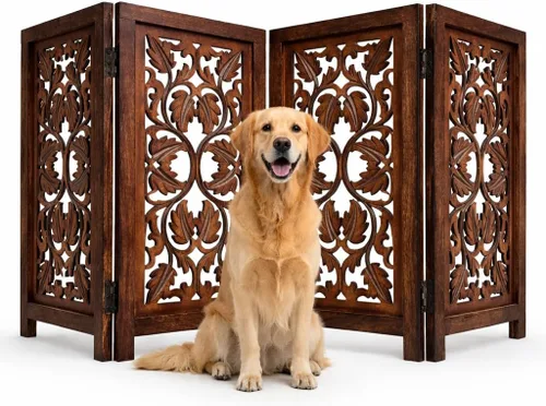 Vista 14 de Puerta independiente para mascotas para perros, puerta plegable de madera para perros para casa, puerta interior para perros para escaleras