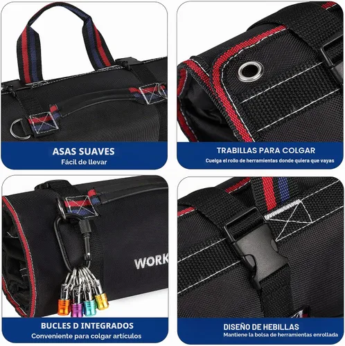 Vista 5 de WORKPRO Bolsa de herramientas enrollable, bolsa de herramientas enrollable con bolsillos desmontables, organizador de herramientas resistente con 6