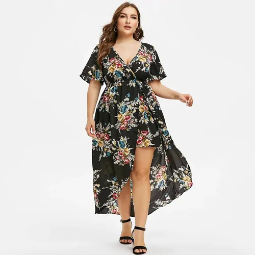 Vista 3 de Vestidos de talla grande para mujer, vestido de playa floral de moda 2023, primavera y verano, elegante vestido bohemio con dobladillo fruncido