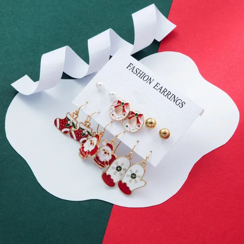 Vista 2 de 6 pares de aretes de Navidad para mujeres y niñas, lindos y divertidos aretes de Navidad con lazo, campana, caramelo, reno, copo de nieve, árbol