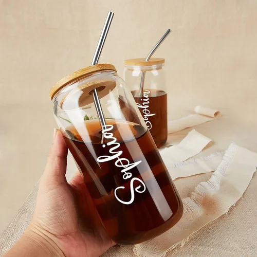 Vista 5 de Vaso de vidrio personalizado con popote y pajita, taza de café helado con nombre, regalo de fiesta nupcial, lata de vidrio personalizada de 16