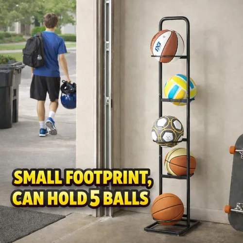 Vista 6 de Estante de almacenamiento vertical para bolas, soporte organizador deportivo ajustable de 5 niveles para baloncesto, fútbol, voleibol y más