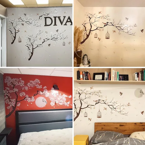 Vista 3 de Calcomanías de pared de estilo chino, árbol negro y pájaros voladores, removibles, decoración de pared, murales para niños, guardería, oficina