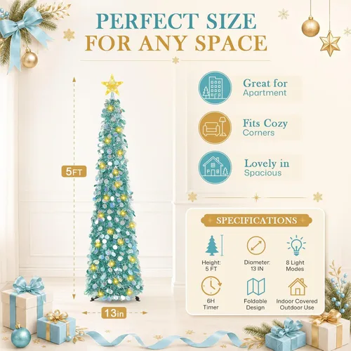 Vista 7 de MACTING Árbol de Navidad desplegable con 50 luces LED con temporizador, 5 pies, árbol de lápiz de oropel plegable de fácil montaje, árbol artificial
