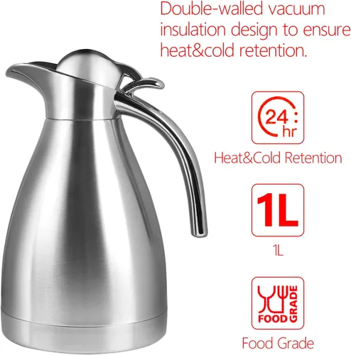 Vista 4 de Jarra térmica de acero inoxidable para café, bebidas, plata (1.0L)