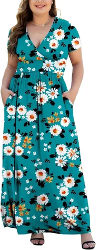 Vista 17 de Maxi vestido casual para mujer, diseño de manga corta con cuello en V y bolsillos, tallas L-5XL A01-negro