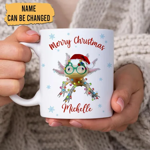 Vista 2 de Hyturtle Regalos personalizados para amantes de los ajolotes – Taza de café de cerámica con nombre personalizado de Feliz Navidad de 11 oz – Lindo