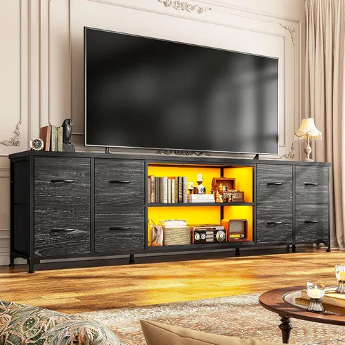Vista 7 de Soporte de TV de 63" de ancho para 65 75 pulgadas con luces y tomas de corriente, soporte de TV para dormitorio con 8 cómodas de tela y cajoneras