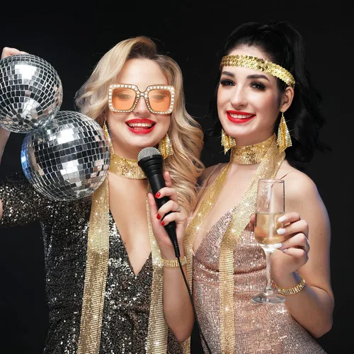 Vista 7 de 5 piezas de accesorios de discoteca de los años 70 para mujer, joyería de disfraz, aretes de discoteca, bufanda, gafas de sol, pulsera de diamantes