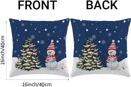 Vista 4 de Fundas de Almohada de Navidad Azul Marino 16x16 Juego de 2 Estilo Granja Muñeco de Nieve Copo de Nieve Árbol de Navidad Fundas de Almohada