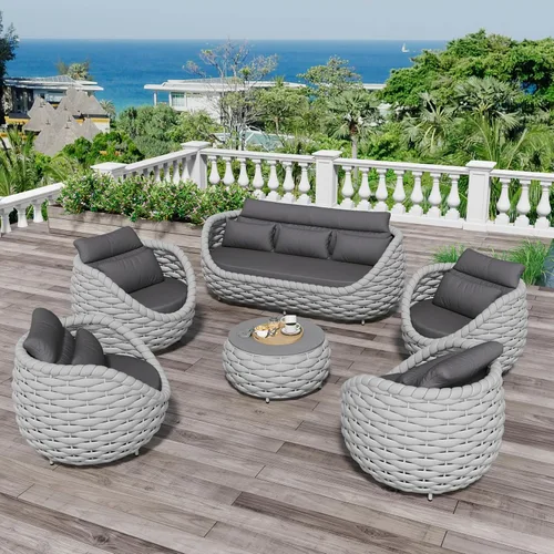 Vista 10 de Juego de muebles de patio de aluminio de 3 piezas: cuerda tejida a mano para conversación al aire libre, juego de 2 cojines modernos montados, juego