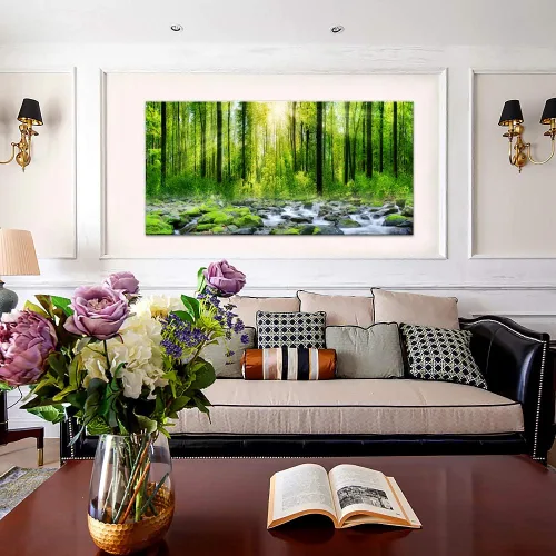 Vista 4 de Tucai Decor Lienzo decorativo para decoración de la mañana amanecer árboles verdes paisaje, sol sobre bosque, fotografía impresa en lienzo