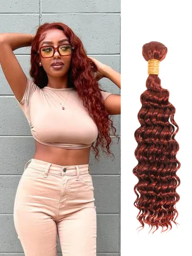 Vista 39 de Cabello Humano Rizado Castaño Rojizo, Trama Gruesa Castaño Cobrizo Rojo Coloreado Ondas Profundas Paquetes Individuales Cabello Humano 12A Tejido