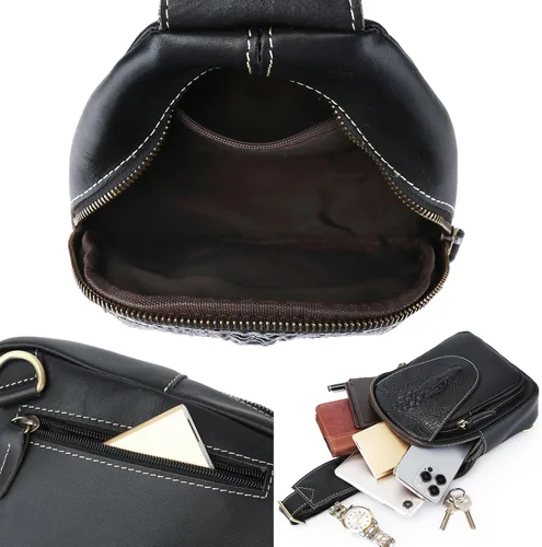 Vista 3 de Bolso bandolera de cuero genuino para hombres y mujeres, mochila en el pecho, bandolera, casual, al aire libre