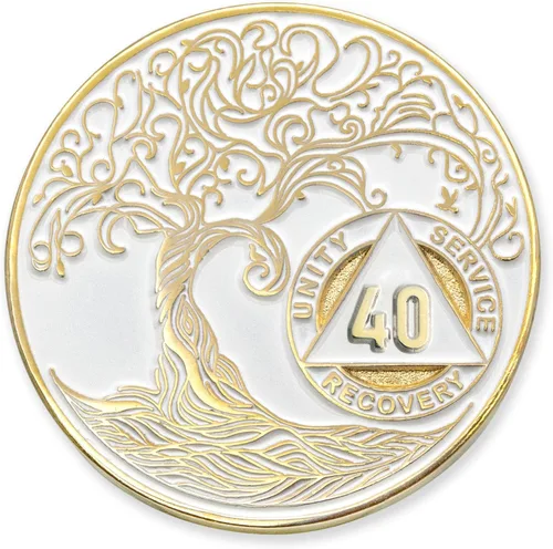 Vista 30 de 1 año Sobriety Mint Twisted Tree of Life Medallón de recuperación AA chapado en oro, chip/ficha - negro