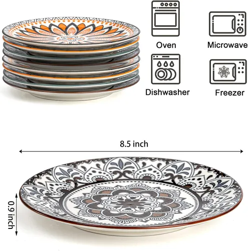 Vista 3 de Foraineam 8 platos de ensalada, platos de postre florales de porcelana de 8.5 pulgadas, coloridos juegos de platos redondos para almuerzo, ensalada