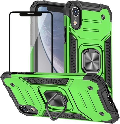 Vista 10 de HNHYGETE Funda para iPhone XR con protector de pantalla: (resistente) grado militar giratorio de 360° con función atril a prueba de golpes