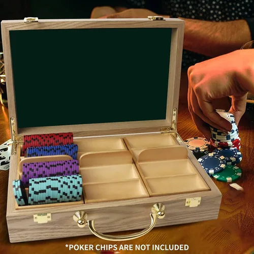 Vista 6 de GSE Games & Sports Expert Estuche de madera para fichas de póquer con 3 bandejas de fichas, capacidad para 300 fichas, soporte para fichas de póquer