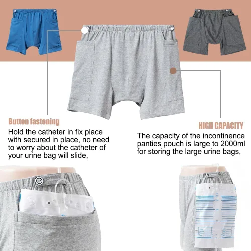 Vista 3 de Paquete de 3 pantalones cortos de orina para hombre, bolsa de drenaje de ostomía, pantalones para el cuidado de la incontinencia, pantalones cortos