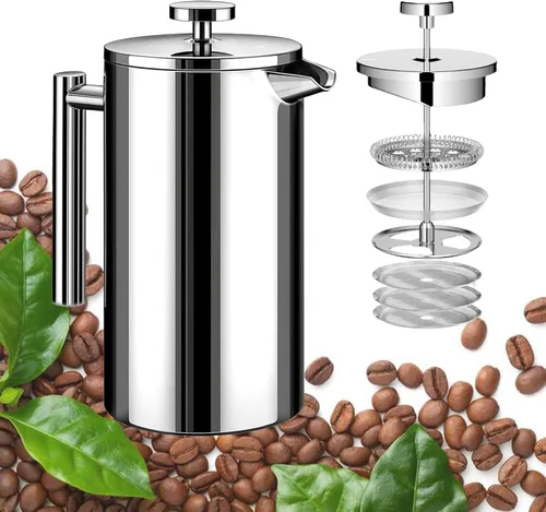 Vista 14 de Cafetera de Prensa Francesa de Acero Inoxidable Negro, Prensa Francesa Aislada de Doble Pared, para Café y Té, con 3 Pantallas Extra y una Cuchara