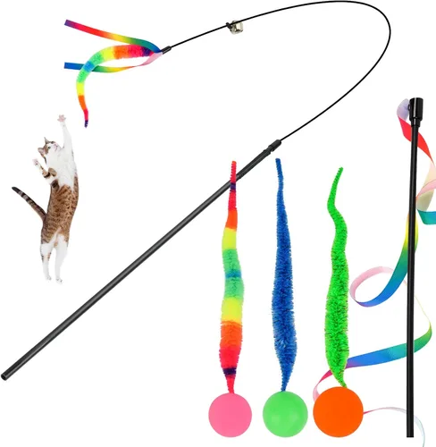 Vista 11 de SHENGSEN Juguete de varita de plumas para gatos, pelota inflable con cola para gatos, gusano mágico con juguete de bola grande y colorida