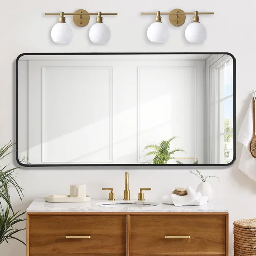 Vista 16 de Espejo rectangular de baño de 30 x 30 pulgadas con marco de metal negro, espejo rectangular de esquina redondeada para pared, moderno y grande