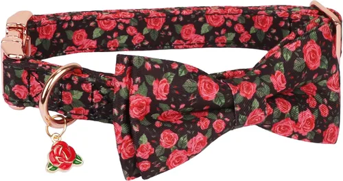 Vista 5 de ADOGGYGO Collar de perro floral con lazo, hebilla de metal, collar ajustable con lazo floral de rosa roja para perros extra pequeños (XS)