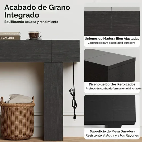 Vista 5 de Mesa consola de 63 pulgadas de largo con salidas y puertos USB, mesa rectangular estrecha para sofá detrás del sofá, mesa de entrada de granja