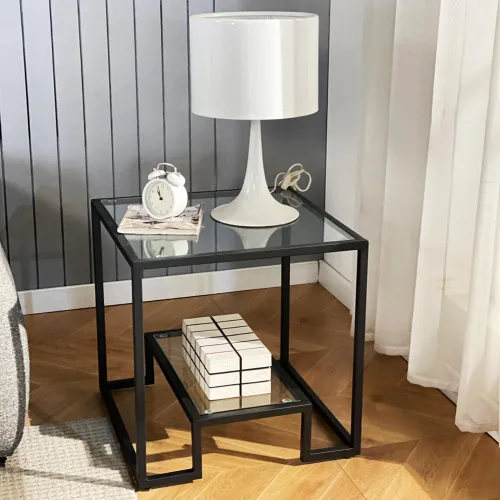Vista 3 de Mesa de centro de cristal de metal negro, mesa de centro simple para sala de estar, hogar, mesa de centro con marco de metal con 2 estantes, mesa
