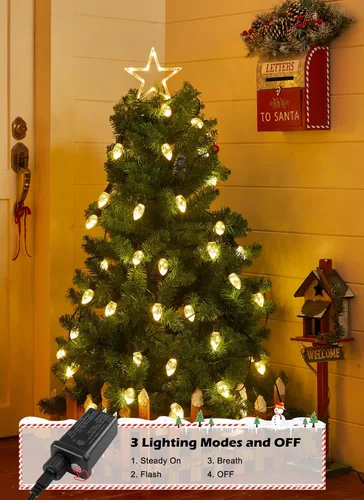 Vista 2 de Luces LED de Navidad C9 para exteriores, cadena de luces C9 de 25 pies con 20 bombillas LED inastillables, 3 modos de luz, luces de árbol de Navidad