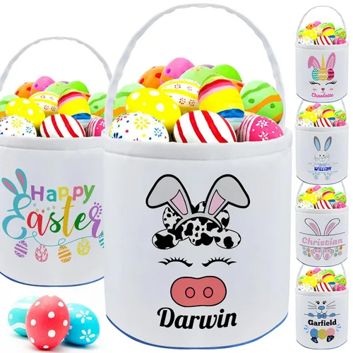 Vista 15 de Cesta de Pascua personalizada con nombre para niñas, niños y niños, cesta de Pascua personalizada bolsas de regalo para caza de huevos de Pascua