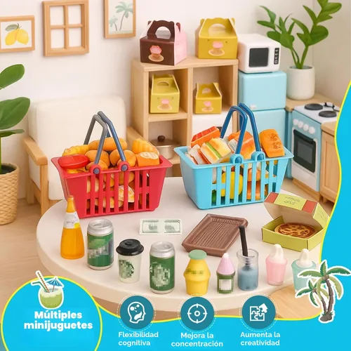 Vista 8 de 196 piezas Mini carrito de compras carrito carrito de comestibles modelo de juego botella de bebida en miniatura comida pizza con caja Supermercado